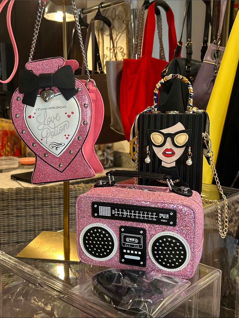Bundle Pink/Black Novelty Crossbody Bags Betsey Johnson Potion/Lady/Boombox New - Picture 5 of 7